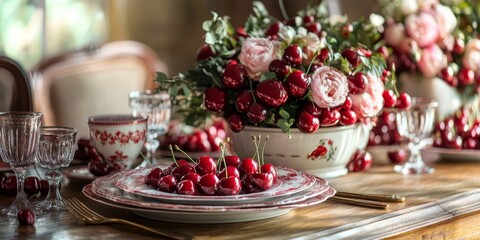Naklejka premium Charming festive table setting featuring vibrant decorations, fresh flowers, and delightful sweet cherry elements, creating a perfect ambiance for celebration and enjoyment during festive occasions.