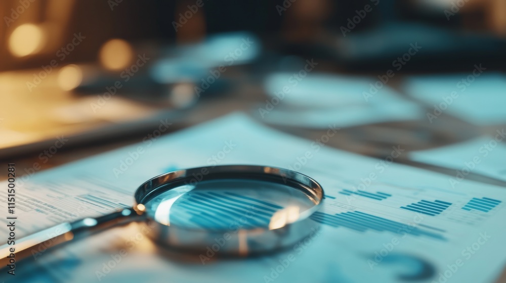 Poster close-up view of a creepy magnifying glass focused on diagrams and data charts in a dark business co