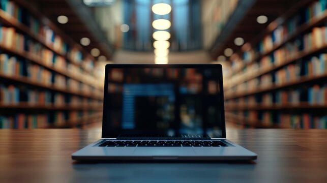 Sleek 3d render of a laptop in focus against a blurry university library background - Powered by Adobe