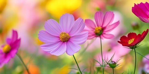 Vibrant cosmos flowers blooming in a garden showcase their beauty, creating a stunning display of cosmos flowers that enhance the garden s overall charm and allure.