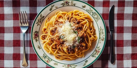 Delicious spaghetti features minced meat and rich tomato sauce, commonly known as spaghetti bolognese, served with grated cheese on a decorative plate, accompanied by fork and spoon on a checkered
