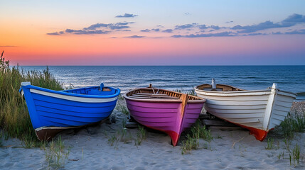 Sunset over fishing boats on beach, golden light, rustic village huts, and tranquil sea view