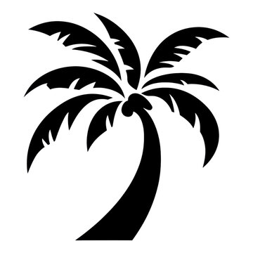 recommend clip art: Curved Palm Tree Icon, features a gracefully arched trunk, lush swaying leaves, ideal for tropical themes, digital design, and branding.
