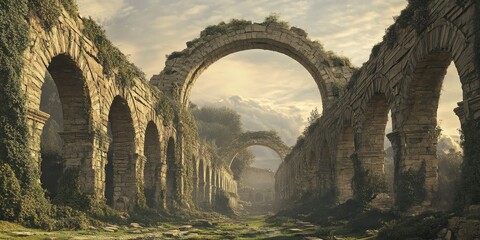 Ancient Aqueduct Construction Ruins of Roman Engineering in Stone. These historical remains showcase the remarkable architectural achievements of the Romans.