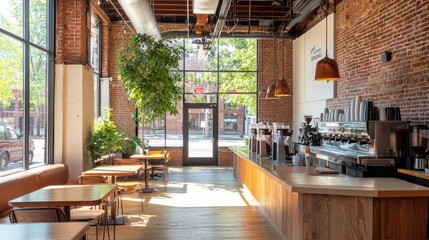Fototapeta premium Modern coffee shop interior with exposed brick walls, wooden floors, large windows, and contemporary furniture