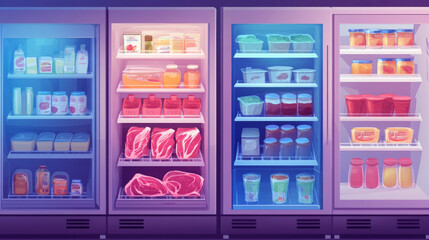 Vector illustrations of empty and closed refrigerator with different healthy food. Refrigerator kitchen, freeze meat on shelf