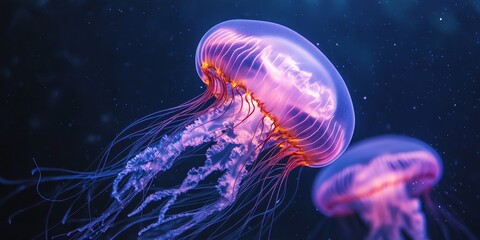 Naklejka premium Glowing jellyfish display captivating beauty in underwater realms, showcasing the wonder of chrysaora pacifica. Experience the enchanting glow of jellyfish in mesmerizing underwater settings.