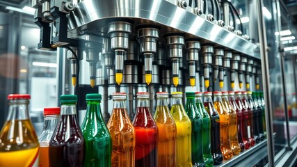 Large-Scale Bottling Line, Plastic Bottle Filling, Drink Production, High-Speed Machinery, Industrial Automation, Modern Factory, Efficient Process, Bright Lighting, Dynamic Action