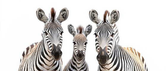 Naklejka premium three zebras standing in a row against a white background