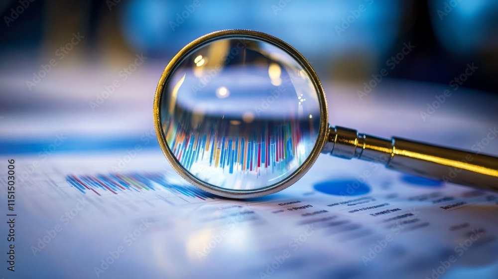 Poster close-up view of a creepy magnifying glass focused on diagrams and data charts in a dark business co