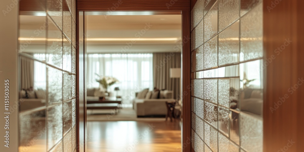 Aufkleber reflective mirror in a hallway showcasing a captivating view of the living room, enhancing the overa