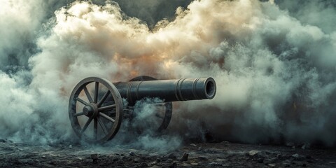 A dramatic smoky blast from a historical cannon evokes the power and intensity of past battles, showcasing the impressive craftsmanship and history behind the cannon and its design.