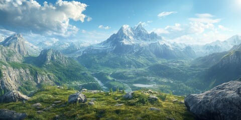 Breathtaking panorama of an expansive Alps valley, showcasing the stunning landscapes and majestic mountains of the region, perfect for capturing the beauty of the Alps in your collection.