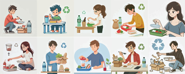 Vector set of a teenager storing leftover food in a simple flat design style