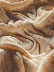 A textured, light-colored fabric, possibly a knitted sweater or blanket. The fabric appears soft and crumpled, with visible knitting stitches creating a ribbed pattern.