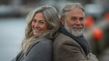 Fototapeta premium A joyful mature couple sits back to back on a cool autumn day by the waterfront, embracing the moment with smiles that reflect their love and companionship as they enjoy the serene atmosphere