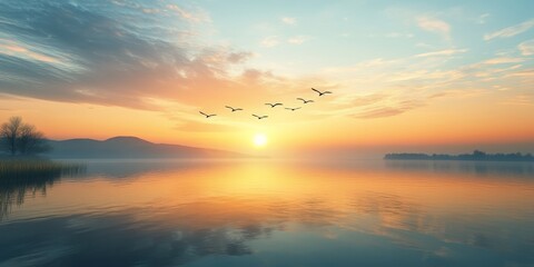 Fototapeta premium Serene sunrise over water featuring birds in a graceful V formation, capturing the beauty of nature as the sunlight reflects on the calm surface, creating a picturesque morning scene.