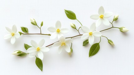 Fototapeta premium close up of a branch with white flowers and green leaves