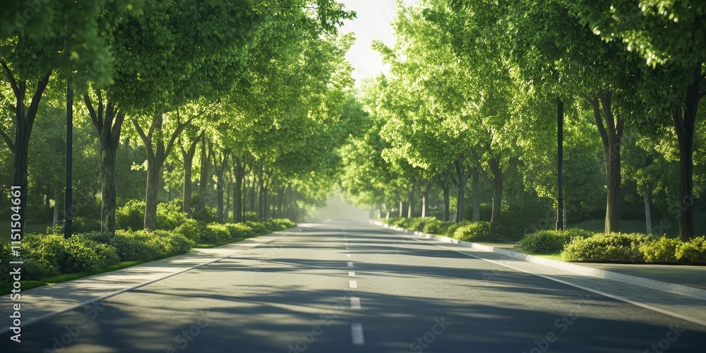 Poster serene empty street lined with lush green trees, creating a peaceful atmosphere. this tranquil setti