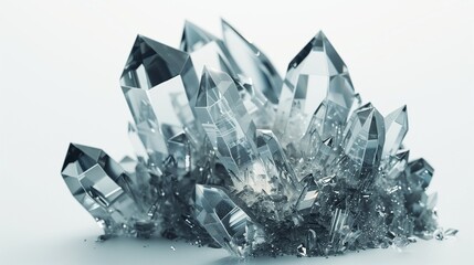 A close-up of a piece of crystal structure with sharp angles, isolated on a white surface.