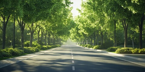 Serene empty street lined with lush green trees, creating a peaceful atmosphere. This tranquil setting of an empty street with vibrant green trees invites calm and reflection.