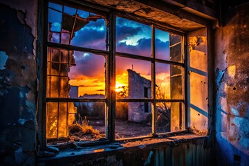 Dark silhouette in a derelict building's broken window, evoking mystery and urban decay through dramatic lighting.