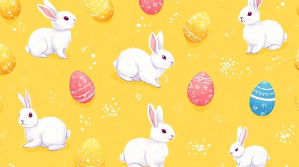 Seamless happy easter pattern with adorable rabbits and colorful eggs on vibrant yellow background – festive spring holiday design
