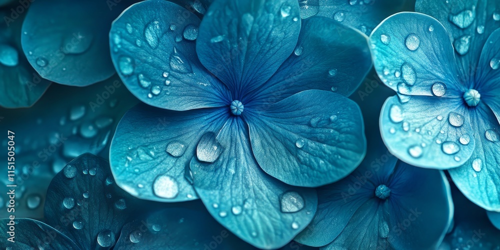 Poster top view of turquoise flower petals adorned with dew drops, creating a fresh and vibrant scene, with