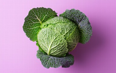 Fototapeta premium A vibrant green cabbage floating with intricate leaf details, set on a soft purple background