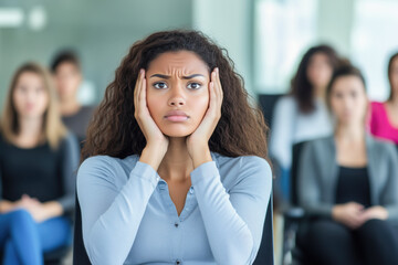 Young woman sitting in a panel interview setting, her expression reflecting worry and pressure as she imagines potential judgement during intense questioning in a high-stakes business environment
