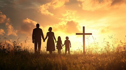 Silhouette, family and Christian cross for praying, religion and funeral social gathering