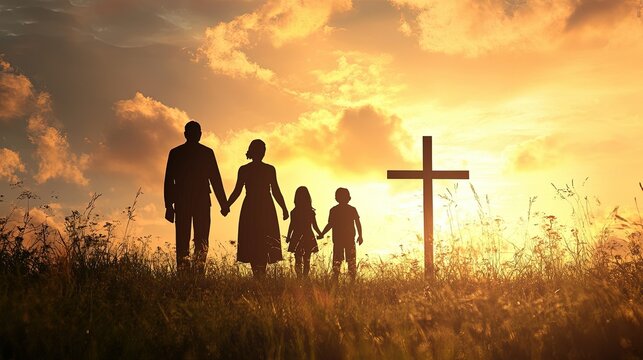 Silhouette, family and Christian cross for praying, religion and funeral social gathering - Powered by Adobe