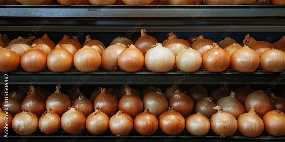 Poster onions of uniform size are neatly arranged in rows on a shelf, showcasing the appealing symmetry and