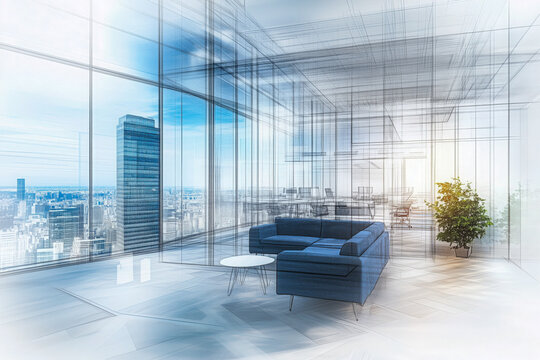 Modern open plan office interior depicted in a sleek line drawing, showcasing innovative architecture and design in an artist's impression of a professional business environment and cityscape.