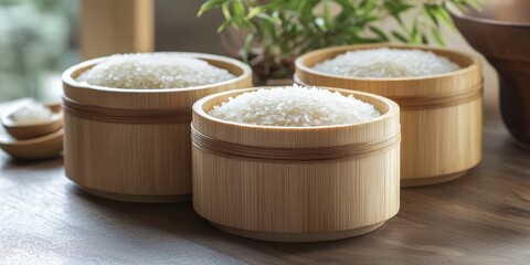Bamboo container filled with rice grain showcases the beauty of the rice grain. This rice grain display adds a touch of natural elegance with its bamboo elements, perfect for various compositions.