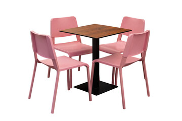 Four pink chairs surround a wooden table isolated on white background