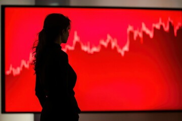 A Mysterious Woman Silhouetted in Front of a Large Screen Displaying a Dramatic Red Stock Market Decline Under Low Key Lighting