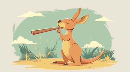 Cute Kangaroo Playing Didgeridoo in Cartoon Style Vector Illustration