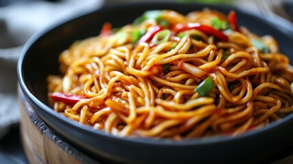 Delicious spicy soy sauce enhances the flavors of these vibrant Chinese noodles, creating a mouthwatering dish that showcases the perfect blend of spicy soy sauce and fresh ingredients in each bite.