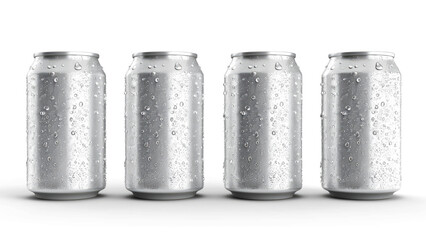 Four cold aluminum cans covered in condensation droplets on a light background