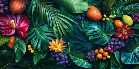 Naklejka premium A vibrant tropical setting showcasing unique and unusual leaves complemented by an array of colorful fruits highlighting the exotic atmosphere.