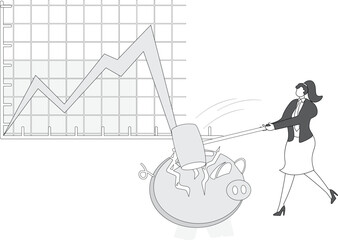 Bankruptcy, spending down savings, investment or business failure, loss of money or loss of business, angry businesswoman takes a hammer and smashes the piggy bank