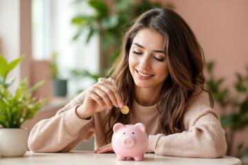 Young woman saving money by placing a coin into a pink piggy bank, sitting in a cozy and cheerful home environment.