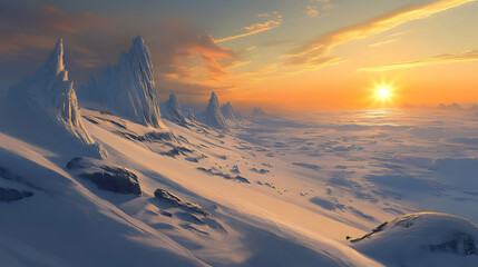 Majestic Sunset over Snowy Mountain Peaks
