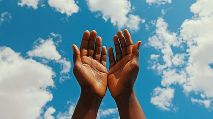 Black person, prayer hands and clouds or heaven for Christianity support or Jesus faith, praise or forgiveness. Religion, grace and holy spirit for God worship with lord belief, blue sky or guidance