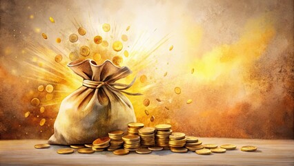 A Bursting Sack of Gold Coins and Stacks of Currency on a Wooden Surface
