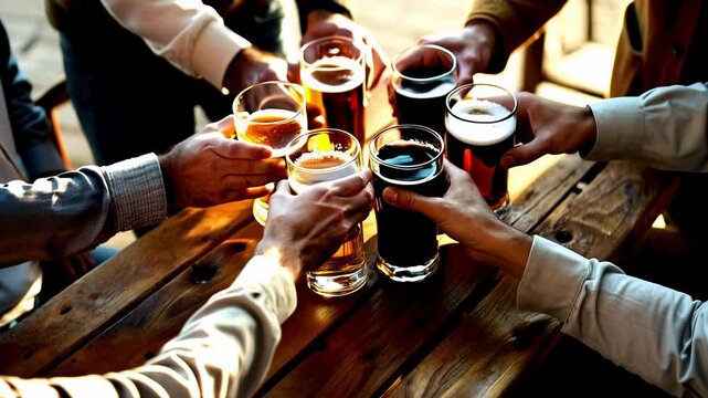 Young friends having fun together drinking and cheering with beers at pub restaurant - Winter lifestyle and party concept - Models by AI generative 
