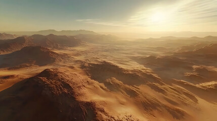 Fototapeta premium Majestic Desert Landscape at Sunset: An Aerial View of Rocky Mountains and Sand Dunes