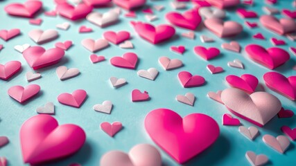 Fototapeta premium Pink & White Paper Hearts on Light Blue Background - AI Art