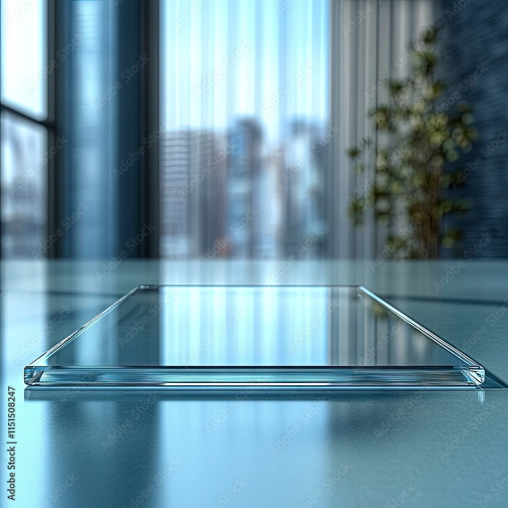 Poster a rectangular piece of clear glass rests on a reflective surface. the background features blurred of